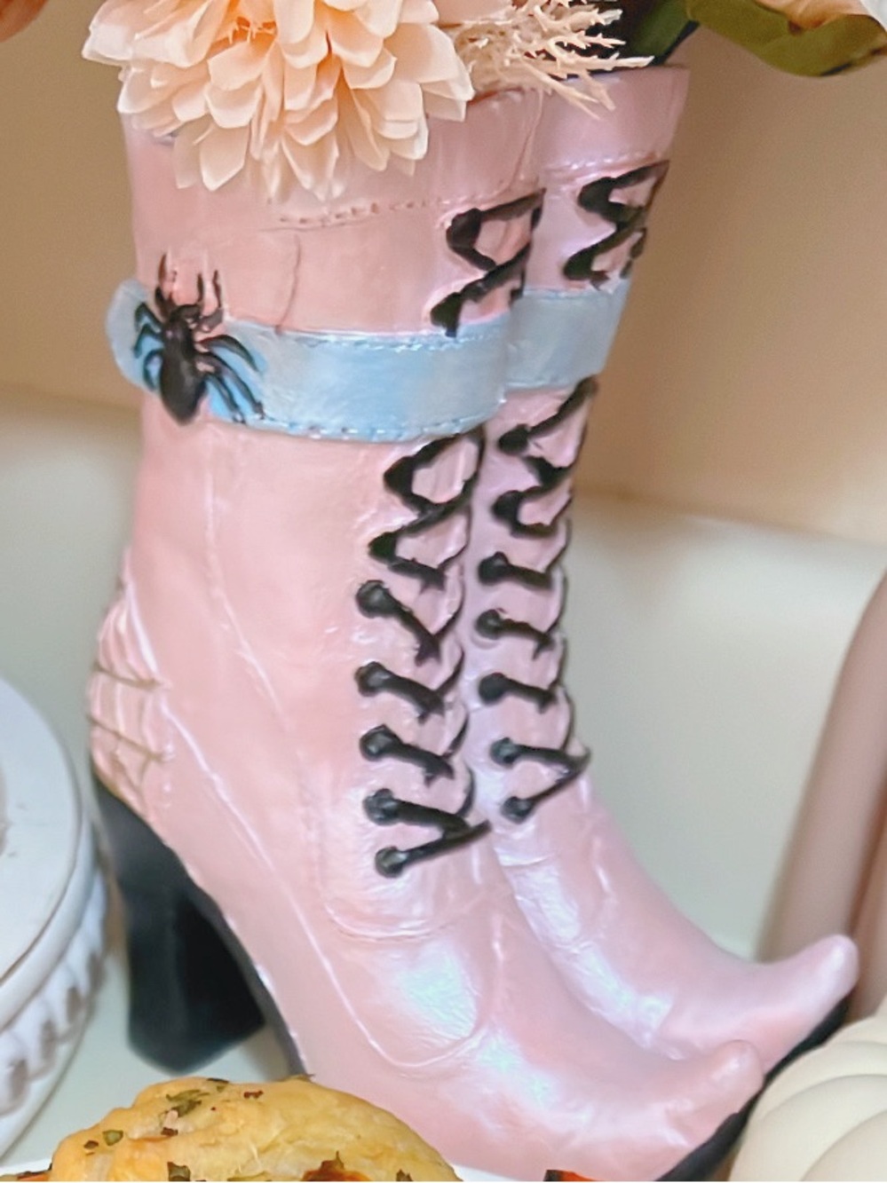 Ashland Pink and Blue Ceramic Boot Planter with Black Lace Detail